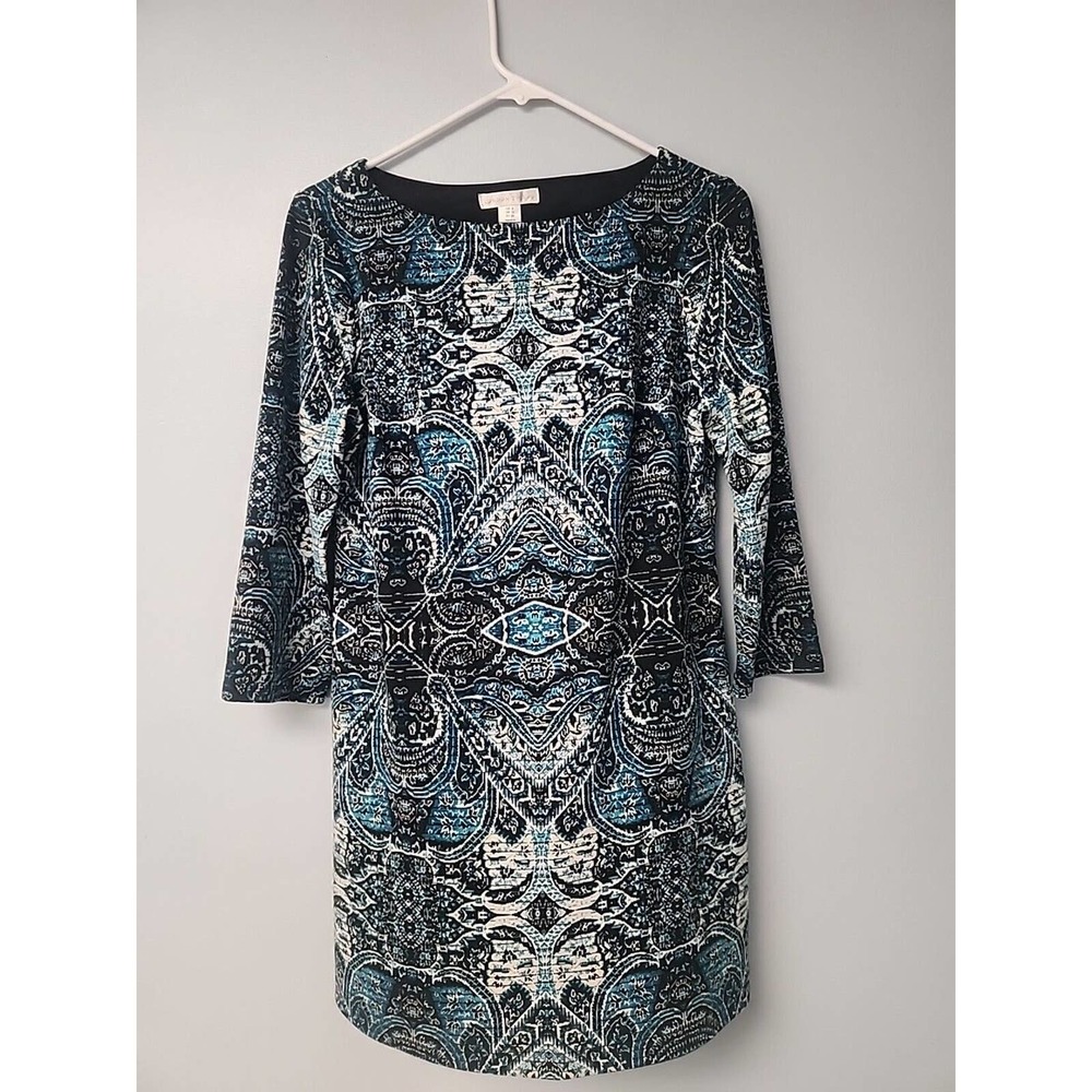 London Times Womens‎ 8 Graphic Print Travel Dress Turquoise White Blue